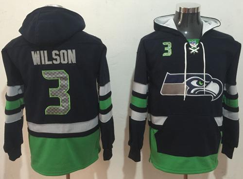 Nike Seahawks #3 Russell Wilson Navy Blue/Green Name & Number Pullover NFL Hoodie - Click Image to Close